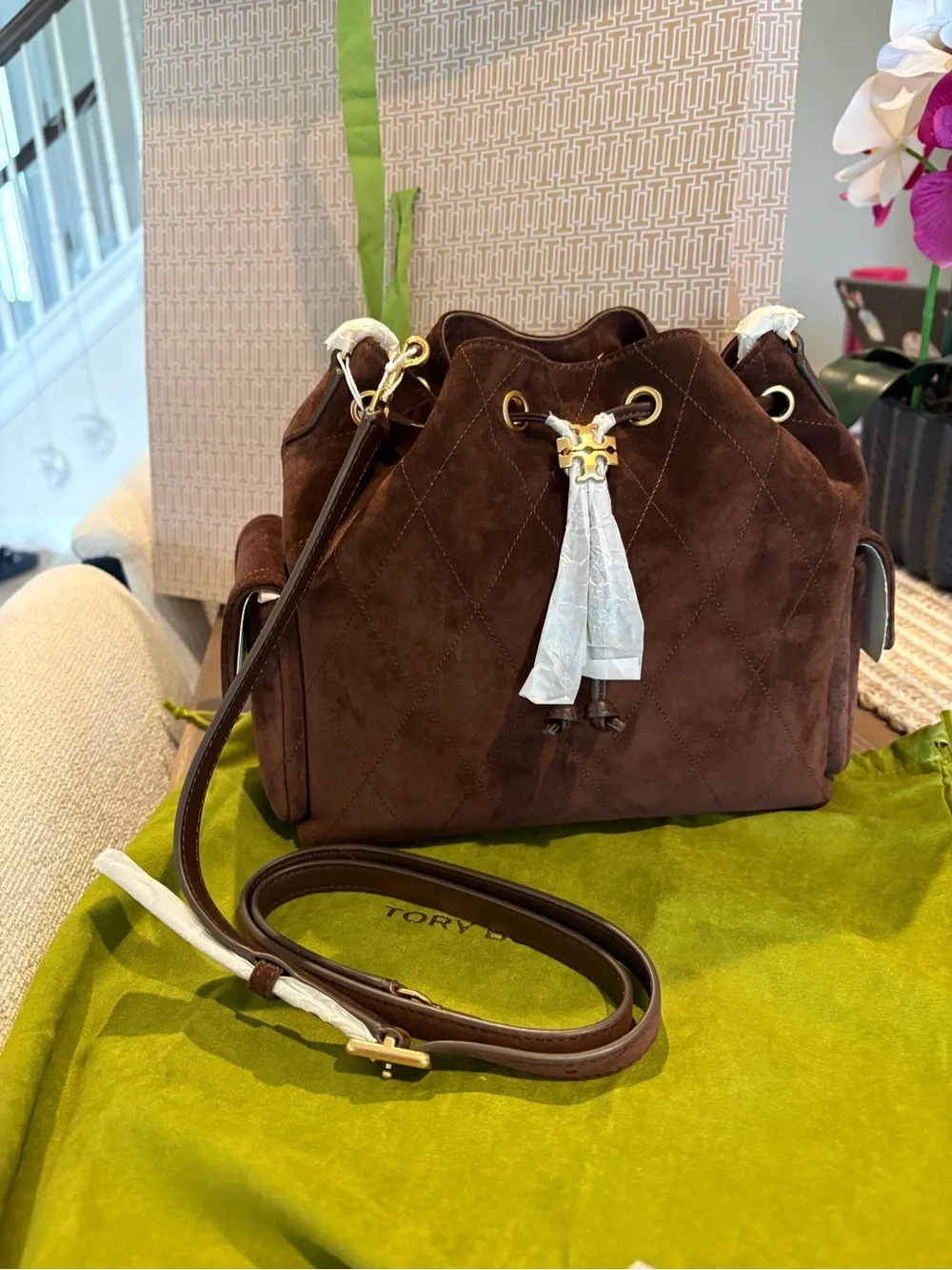 Tory Burch Brown Quilted Suede Drawstring Crossbody Bag